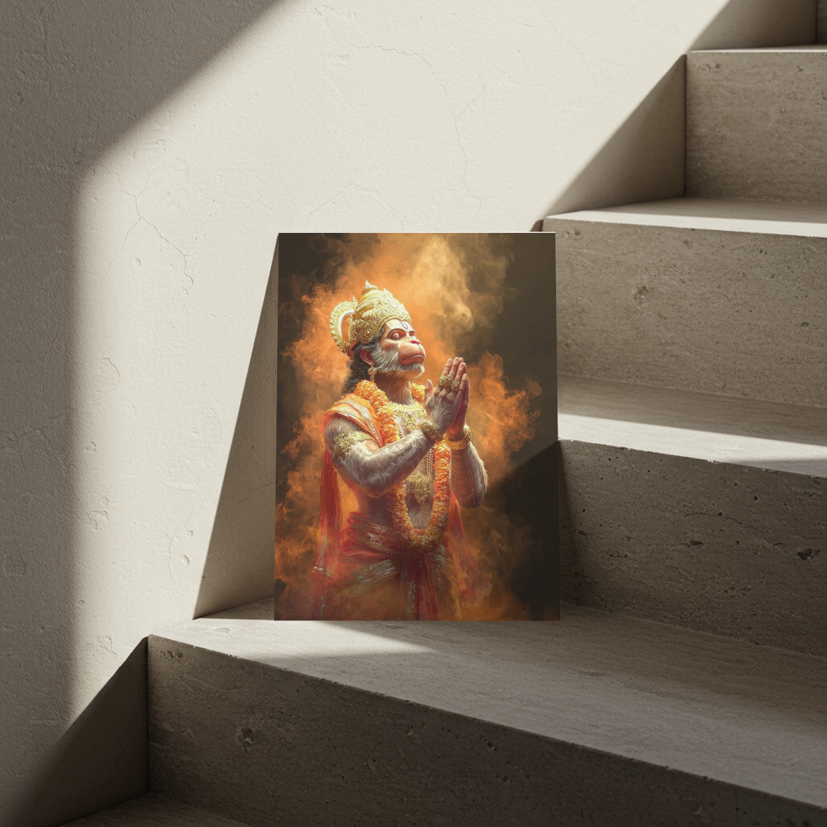 Divine Bhakti: Lord Hanuman Praying Metal Poster – Orange Spiritual Wall Art