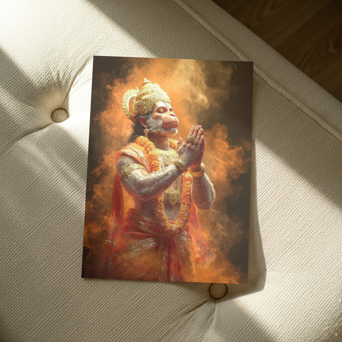 Divine Bhakti: Lord Hanuman Praying Metal Poster – Orange Spiritual Wall Art