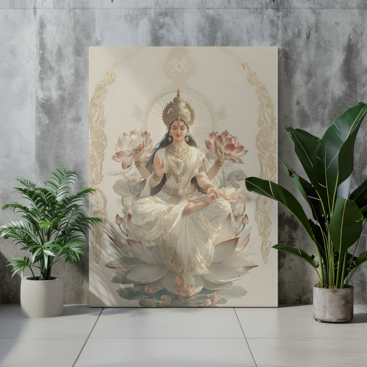 Goddess Lakshmi on White Lotus – Minimalist Spiritual Wall Art