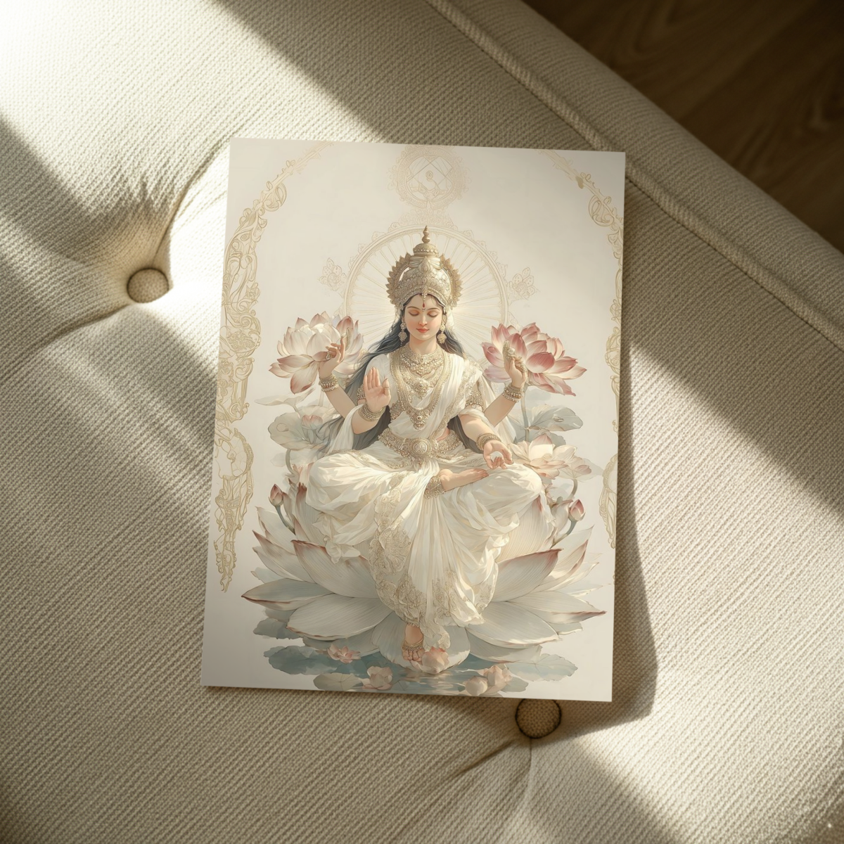 Goddess Lakshmi on White Lotus – Minimalist Spiritual Wall Art