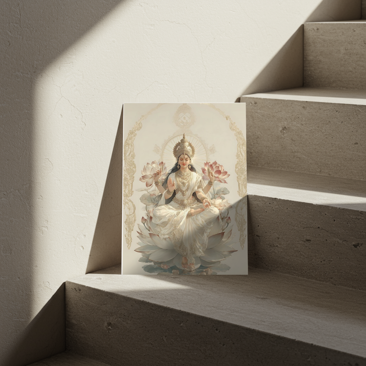 Goddess Lakshmi on White Lotus – Minimalist Spiritual Wall Art