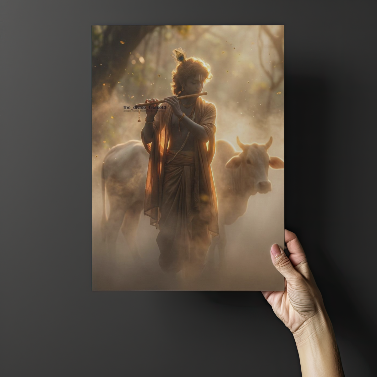 Lord Krishna Playing Flute in Forest with Cow – Warm Tone Metal Art