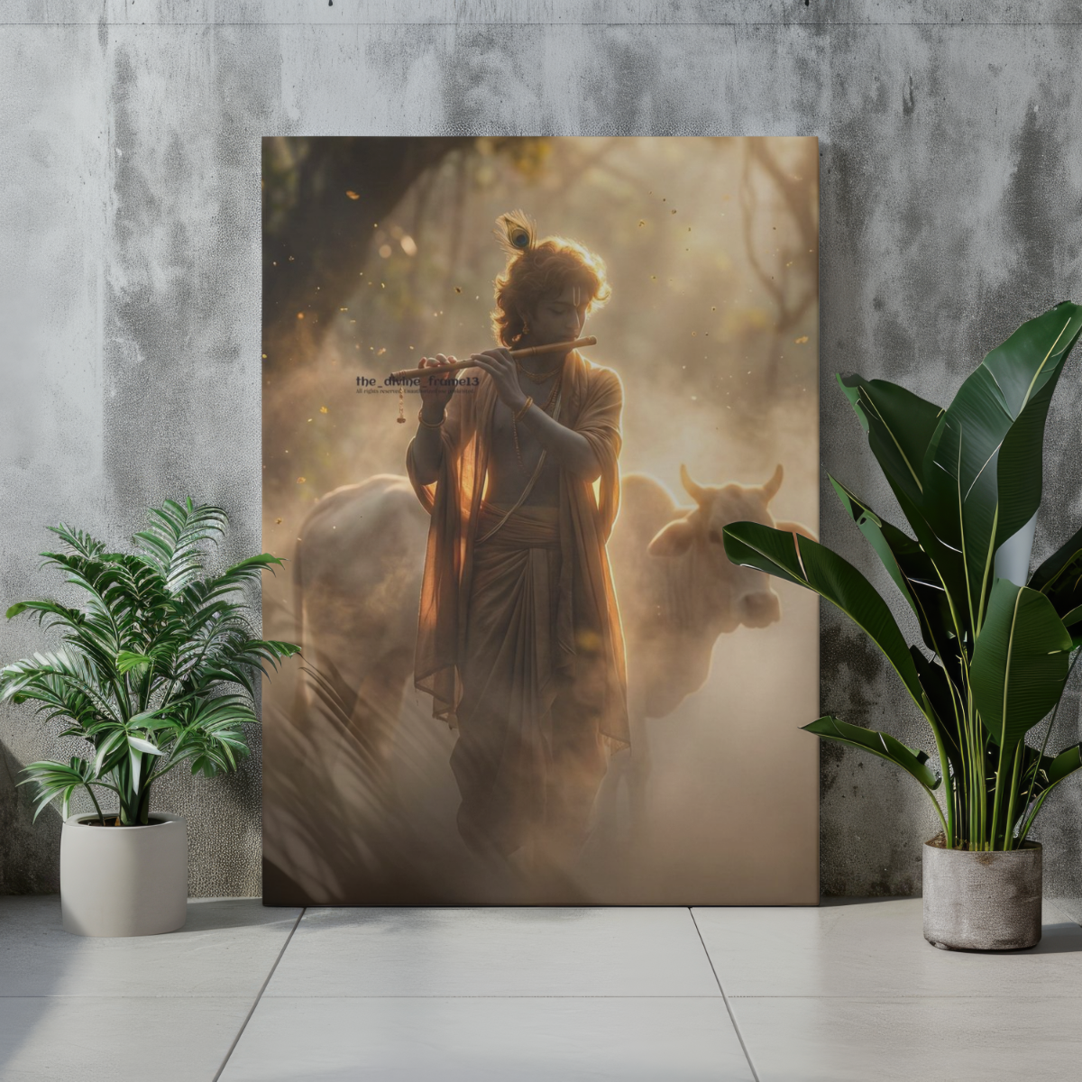 Lord Krishna Playing Flute in Forest with Cow – Warm Tone Metal Art