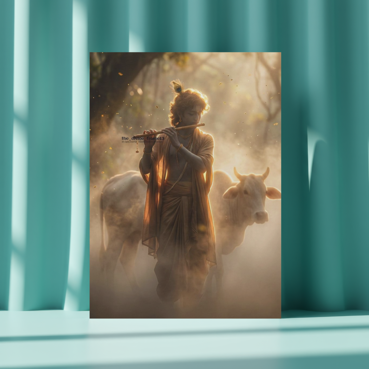 Lord Krishna Playing Flute in Forest with Cow – Warm Tone Metal Art