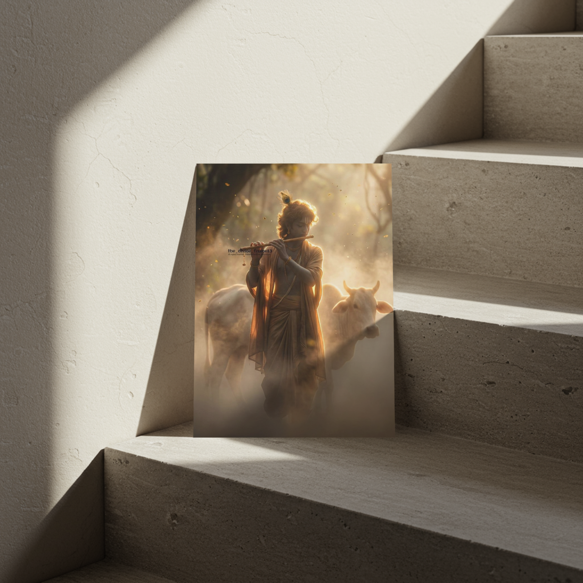 Lord Krishna Playing Flute in Forest with Cow – Warm Tone Metal Art