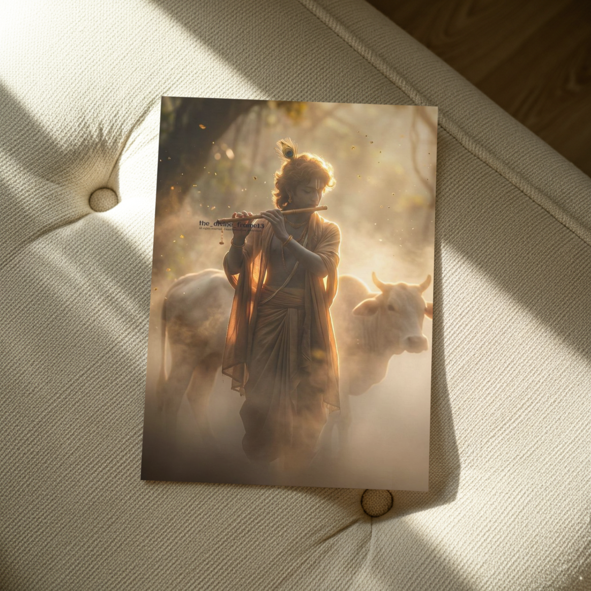 Lord Krishna Playing Flute in Forest with Cow – Warm Tone Metal Art