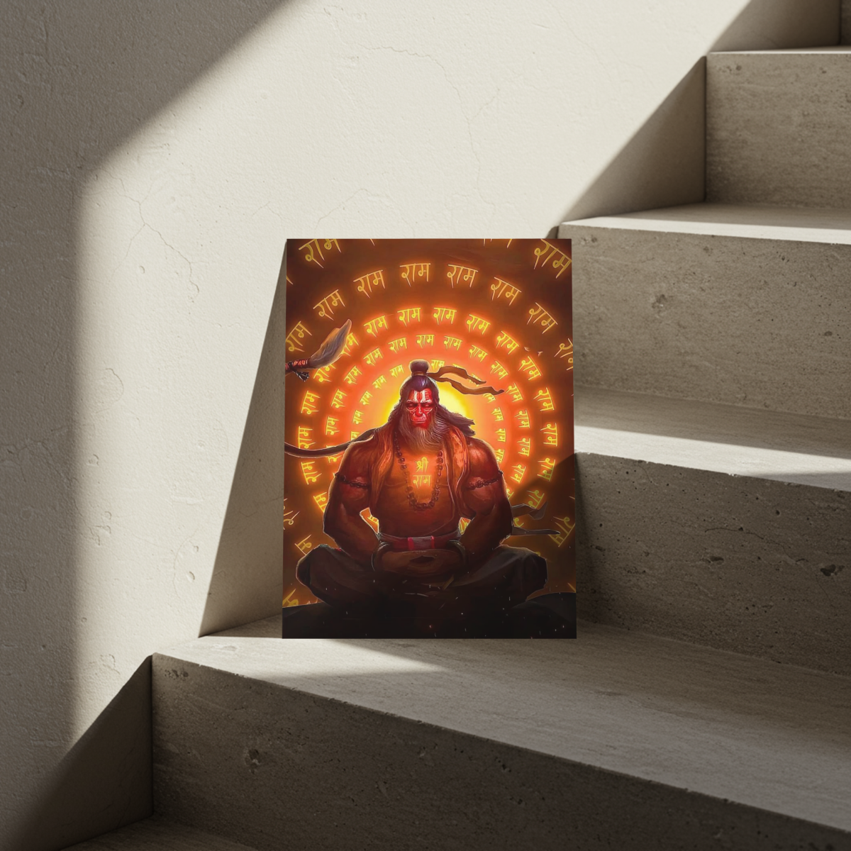 Ram Naam Aura: Lord Hanuman Meditating Metal Poster – Spiritual Wall Art