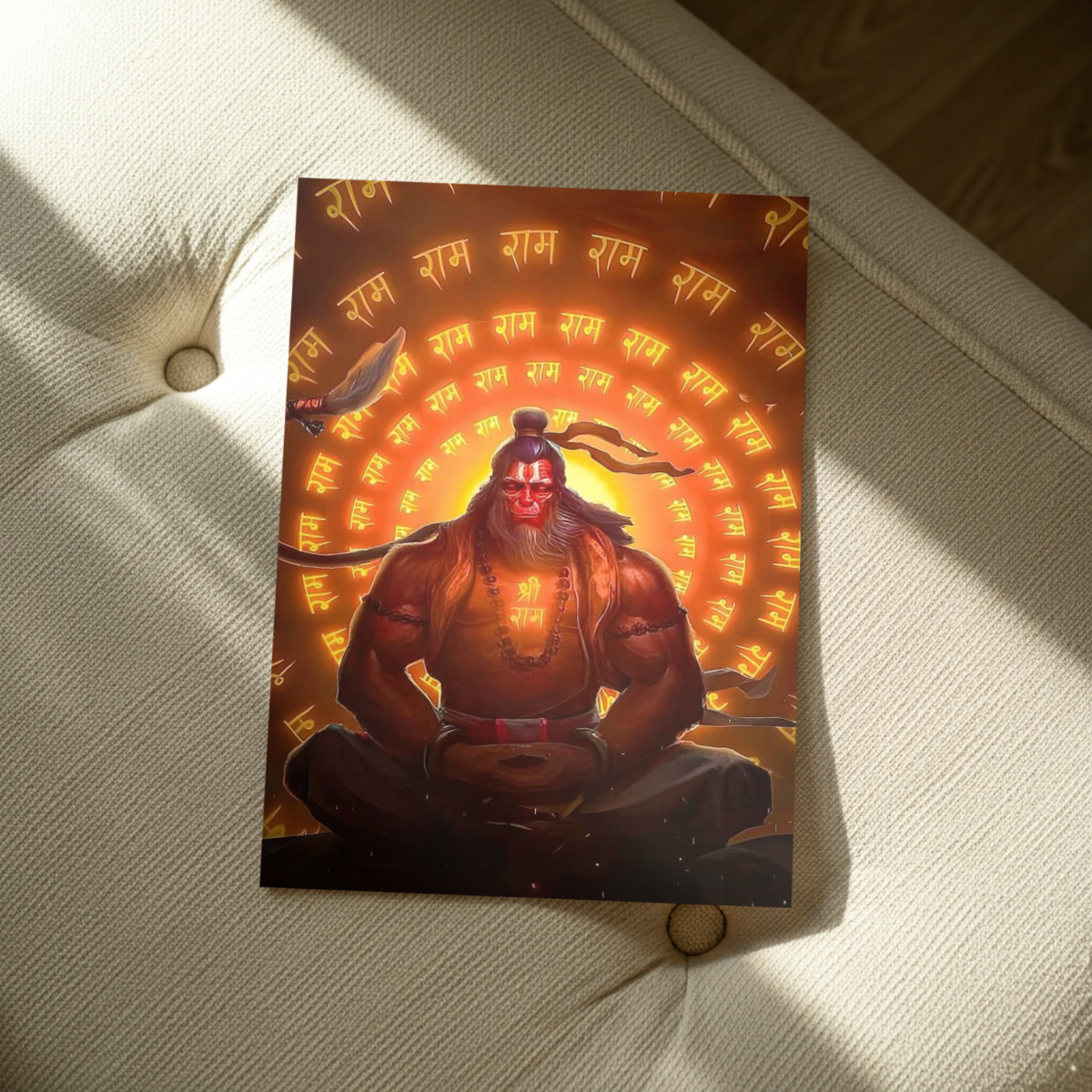 Ram Naam Aura: Lord Hanuman Meditating Metal Poster – Spiritual Wall Art