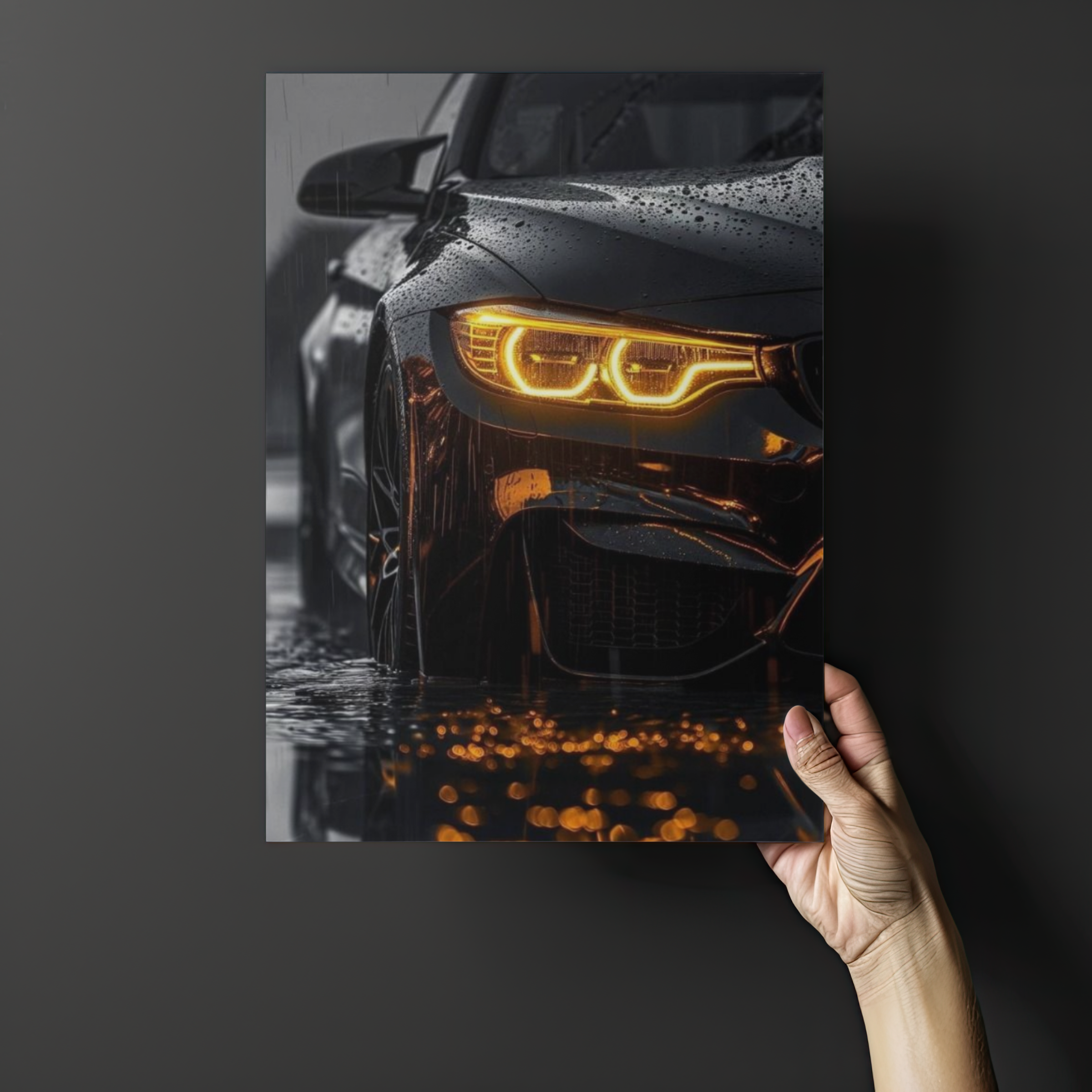 BMW M4 "Amber Rain" Close-Up – Premium Automotive Metal Poster