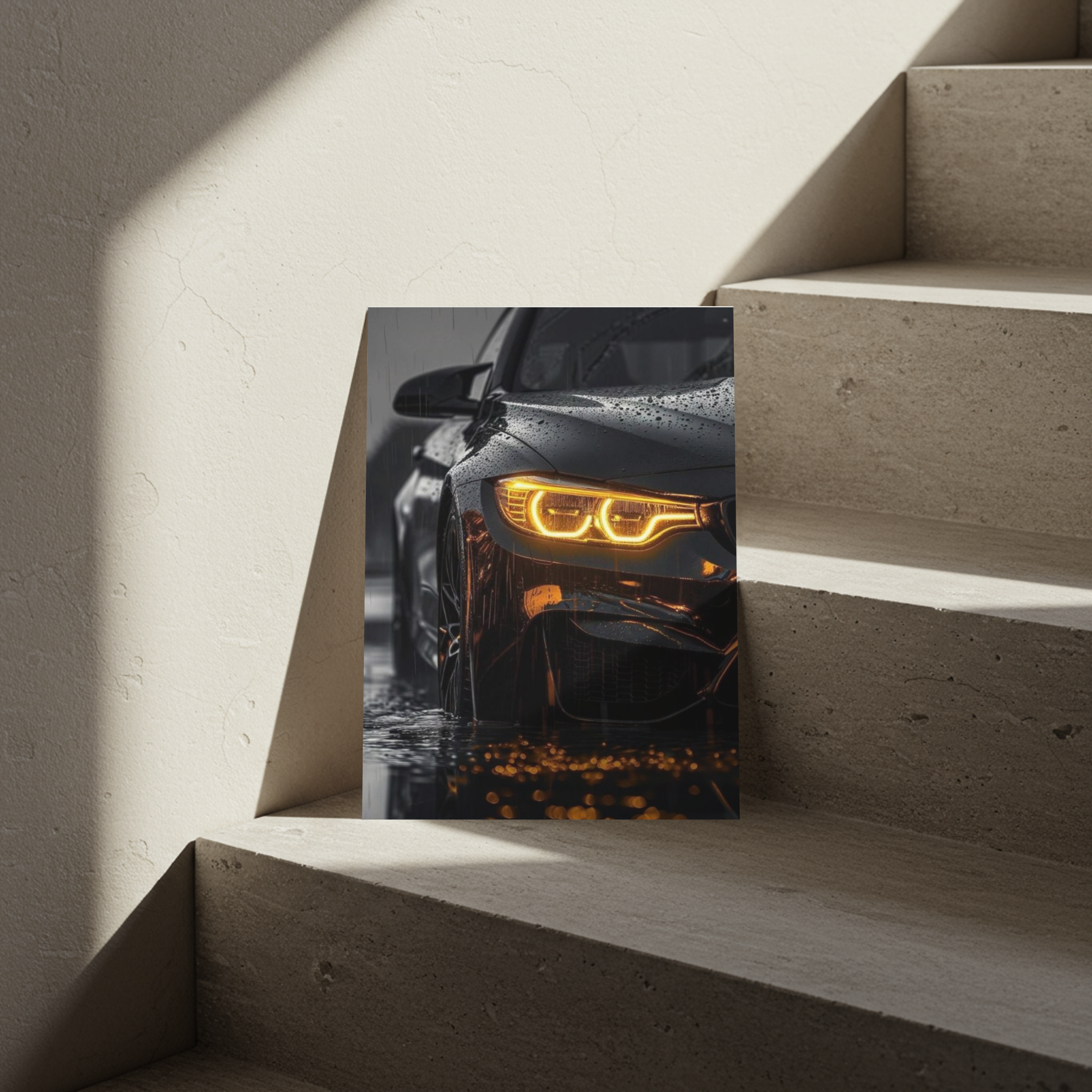 BMW M4 "Amber Rain" Close-Up – Premium Automotive Metal Poster