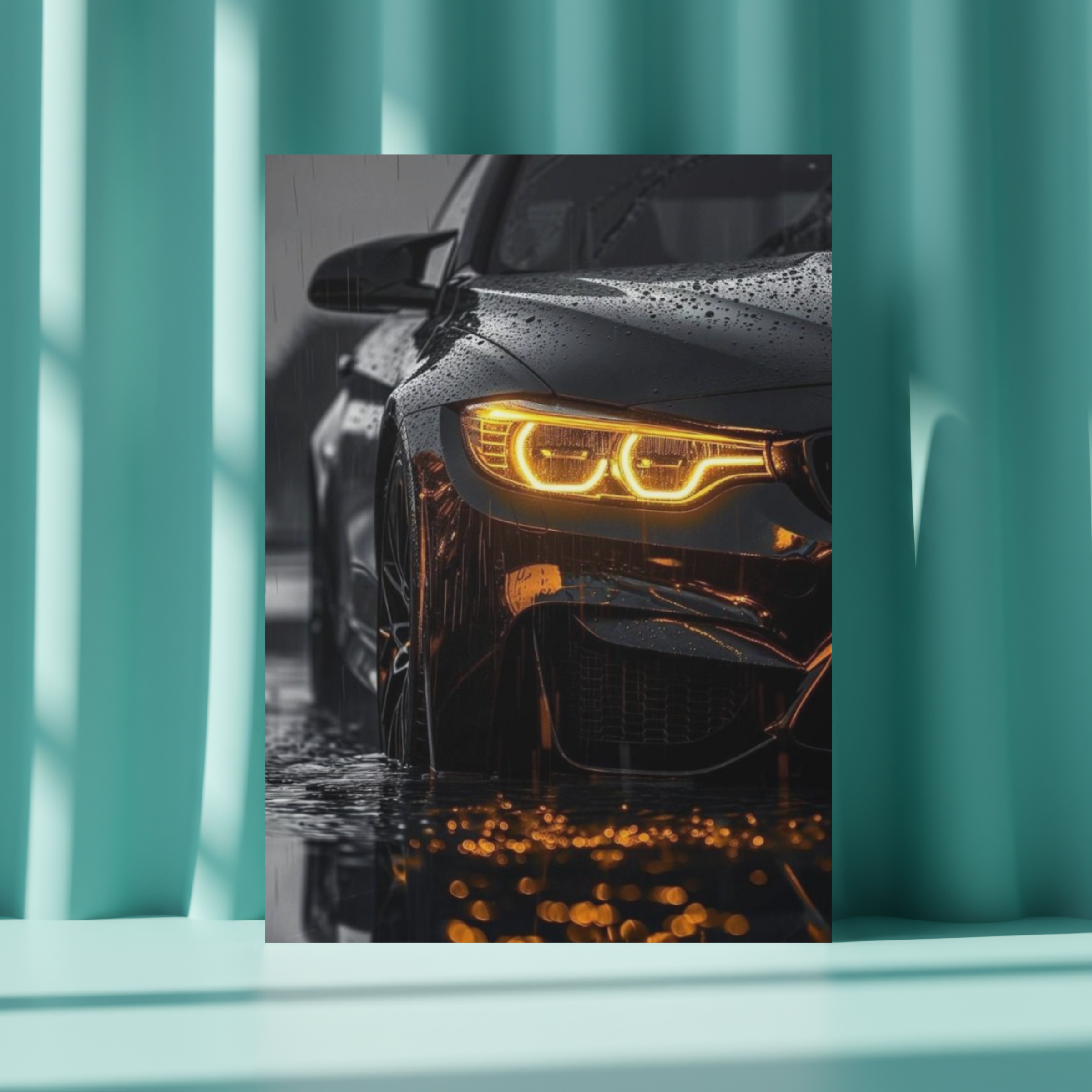 BMW M4 "Amber Rain" Close-Up – Premium Automotive Metal Poster