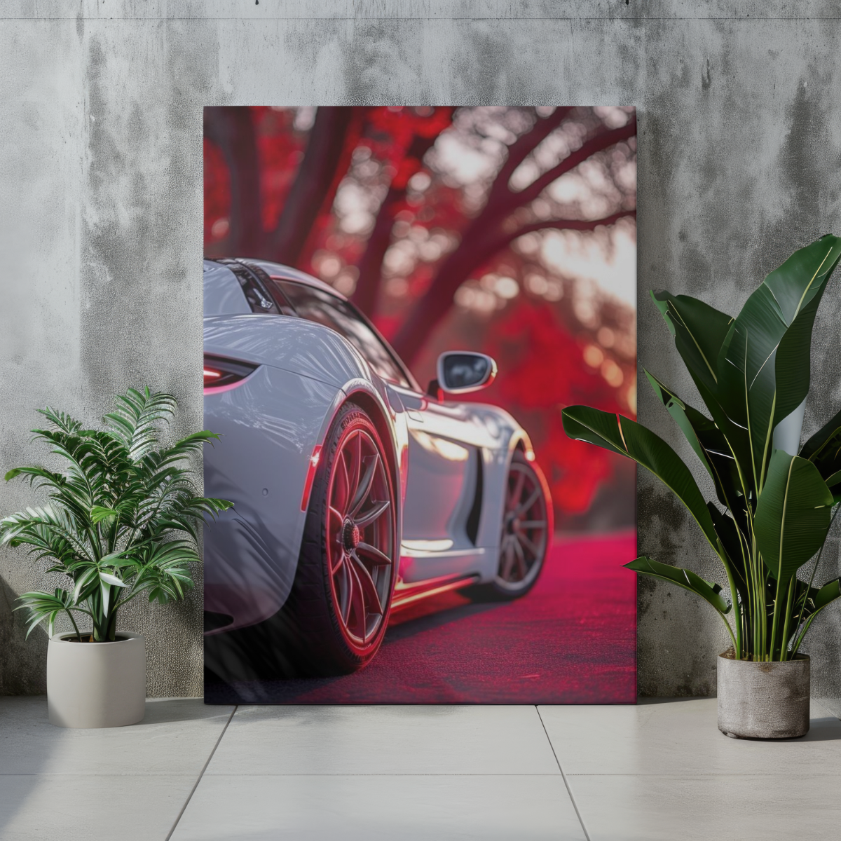 White Sports Car "Crimson Forest" Edition – Premium Automotive Metal Poster
