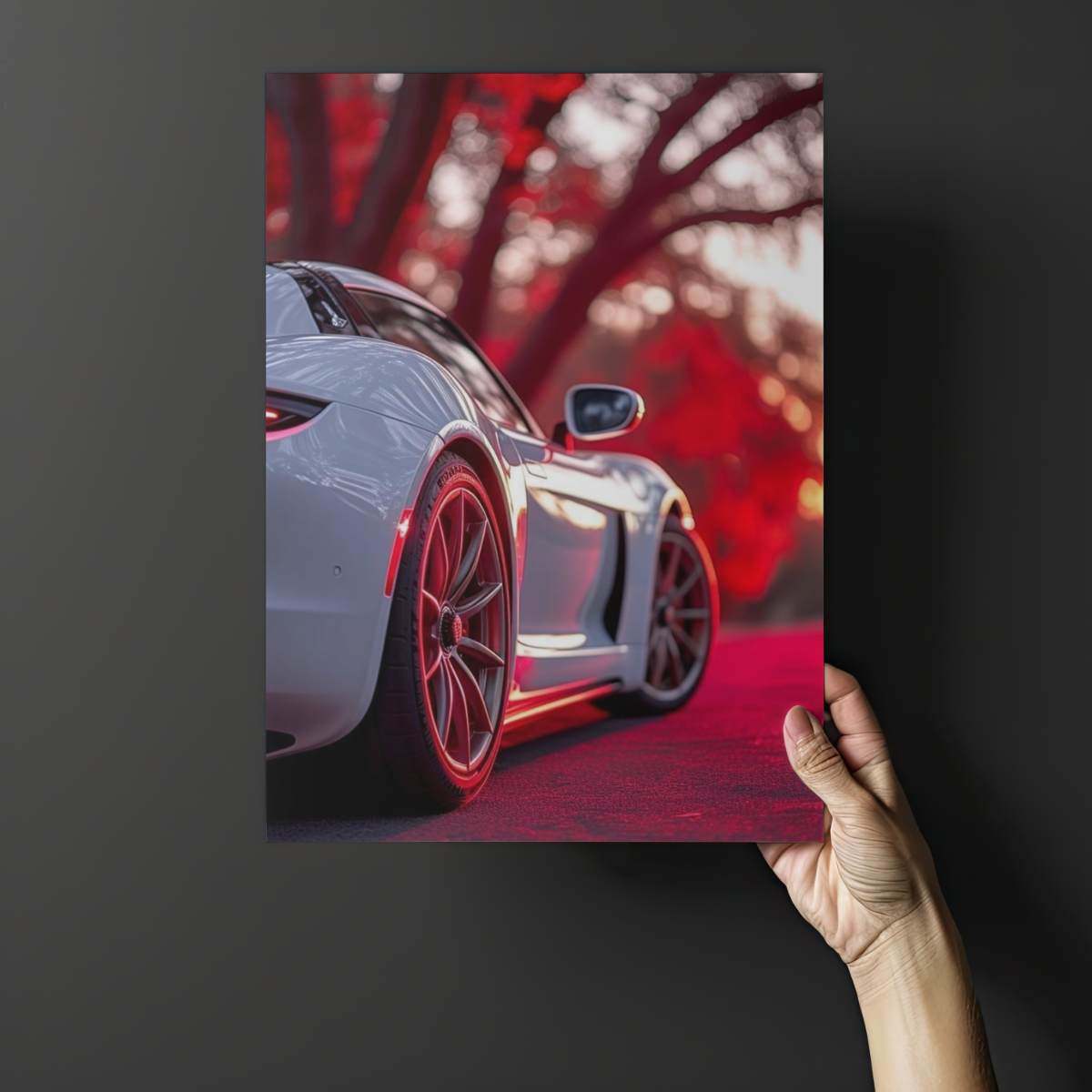White Sports Car "Crimson Forest" Edition – Premium Automotive Metal Poster