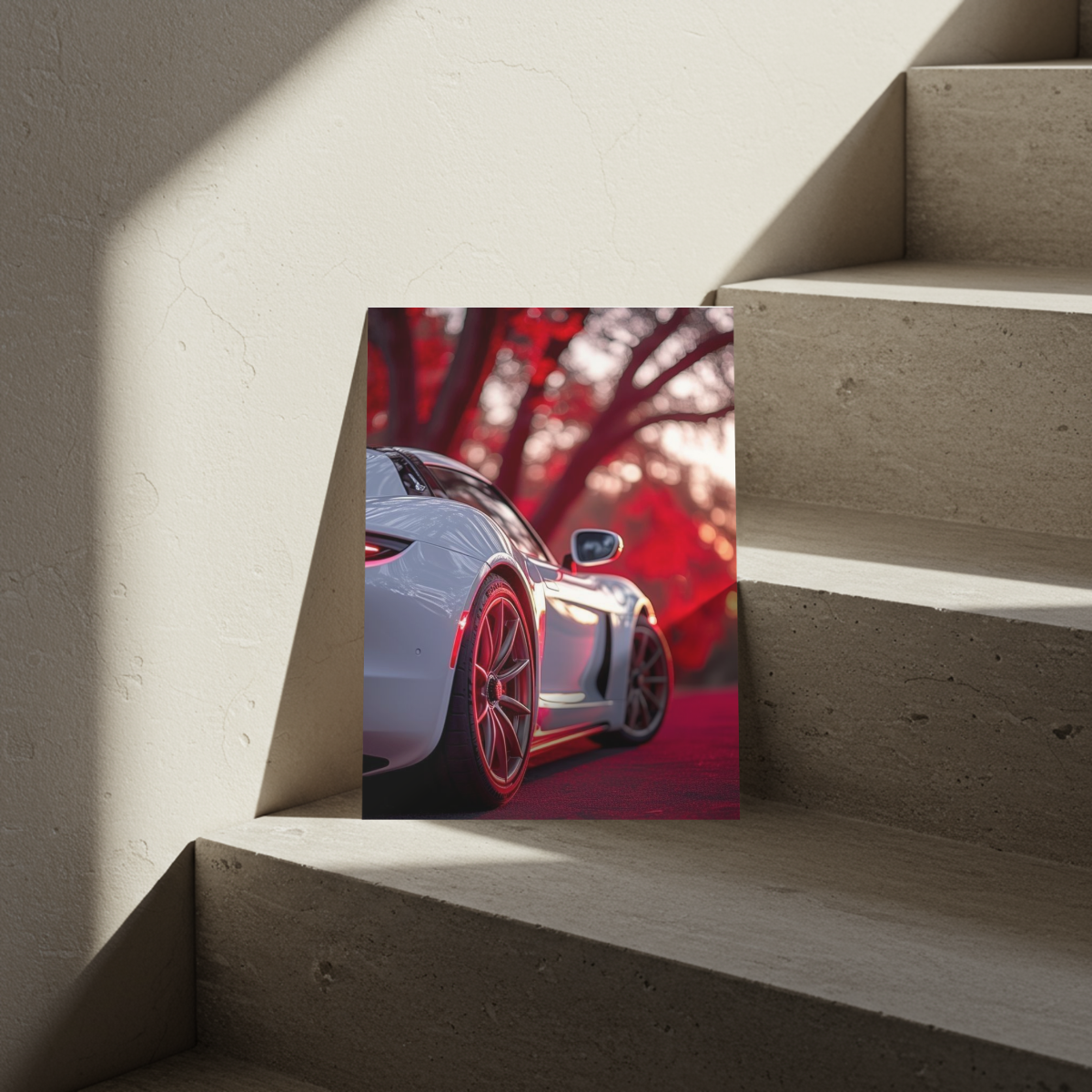 White Sports Car "Crimson Forest" Edition – Premium Automotive Metal Poster
