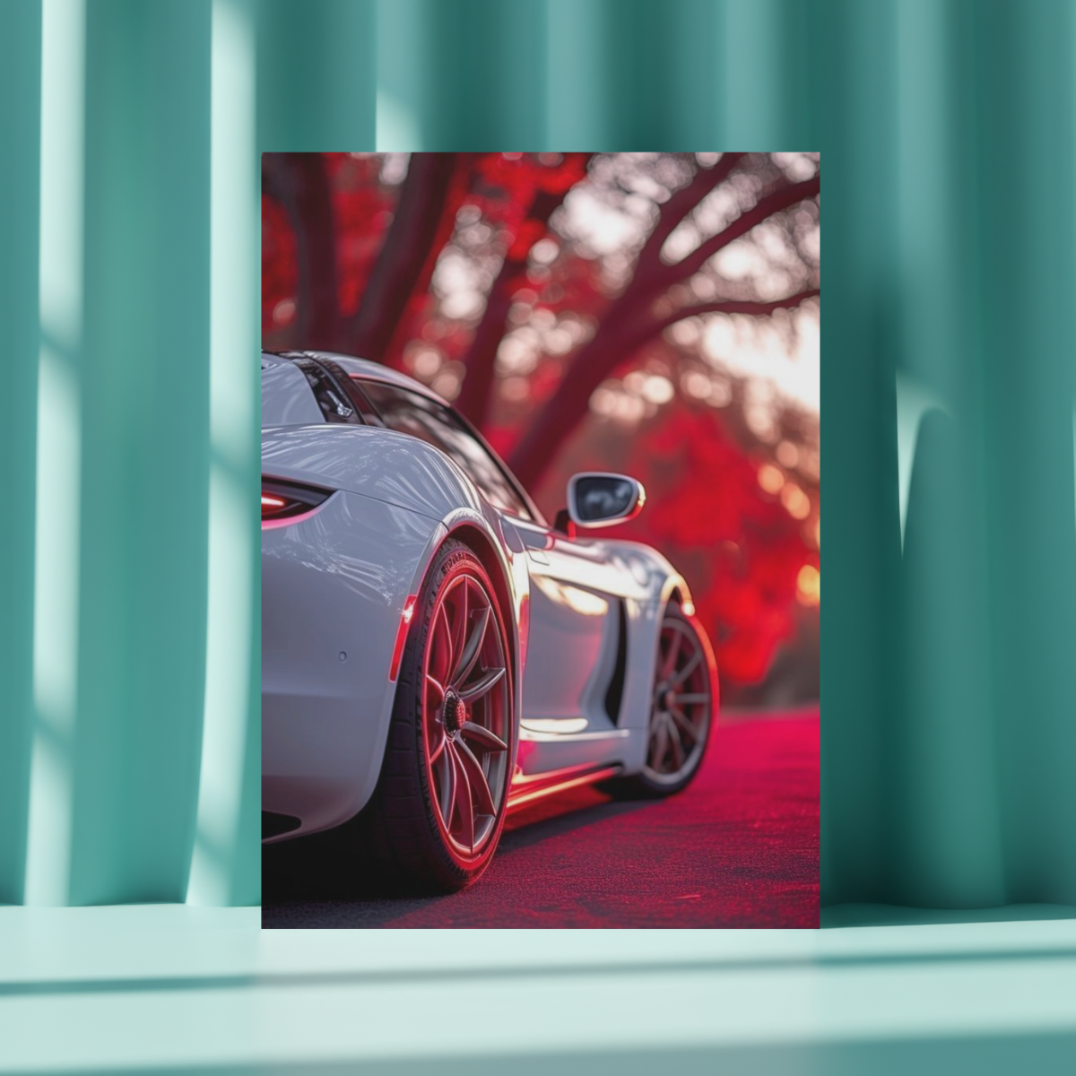 White Sports Car "Crimson Forest" Edition – Premium Automotive Metal Poster