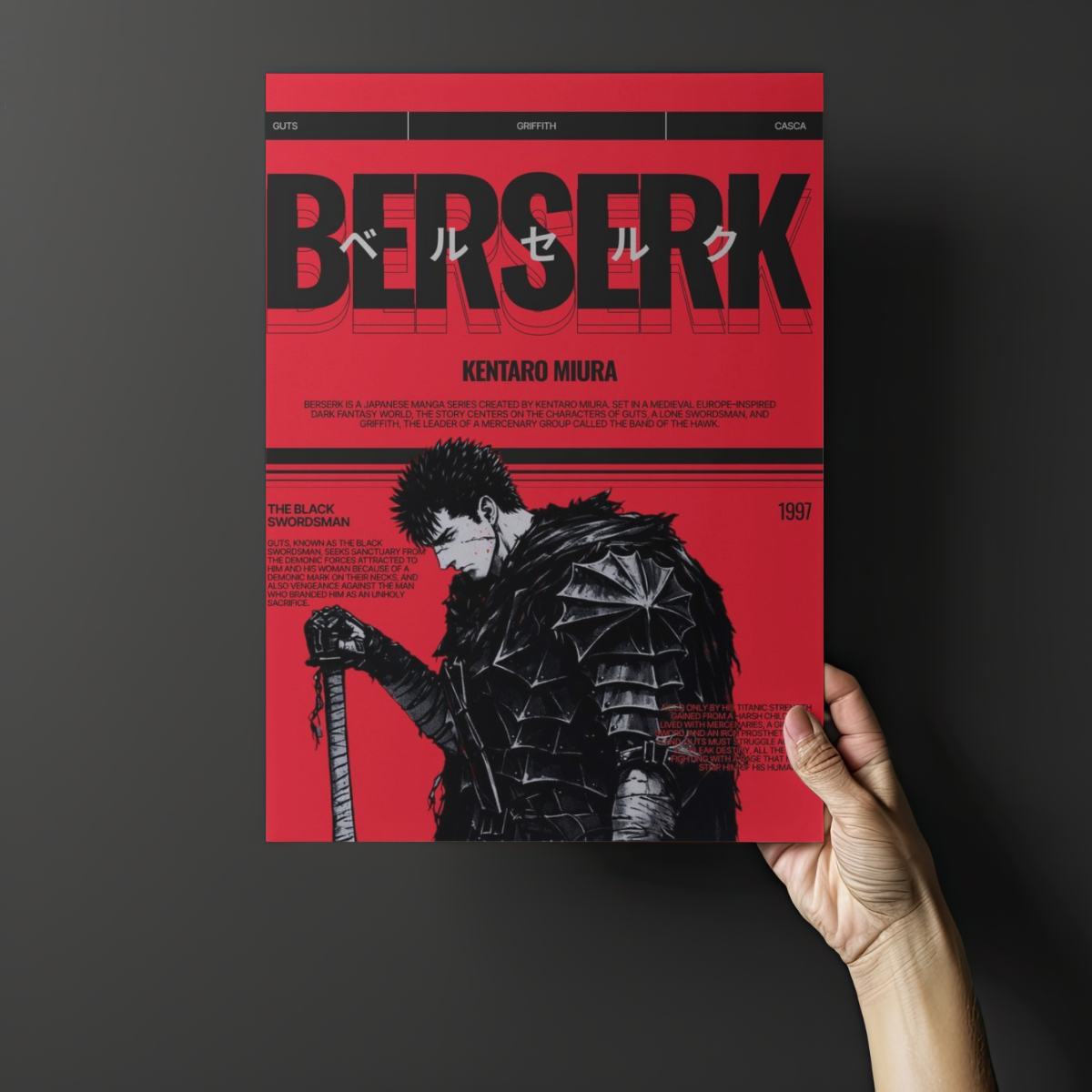 Berserk "The Black Swordsman" Vintage Manga Edition – Premium Anime Metal Poster