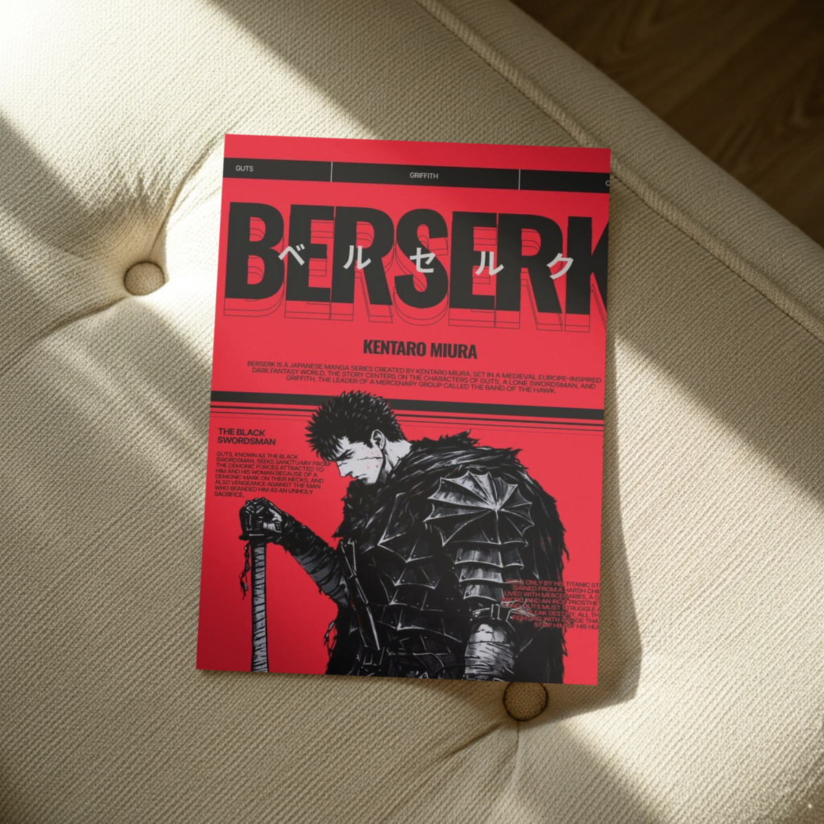 Berserk "The Black Swordsman" Vintage Manga Edition – Premium Anime Metal Poster