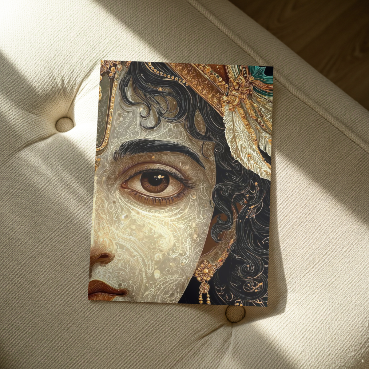 Lord Krishna "Divine Visage" Ornate Portrait – Premium Spiritual Metal Poster