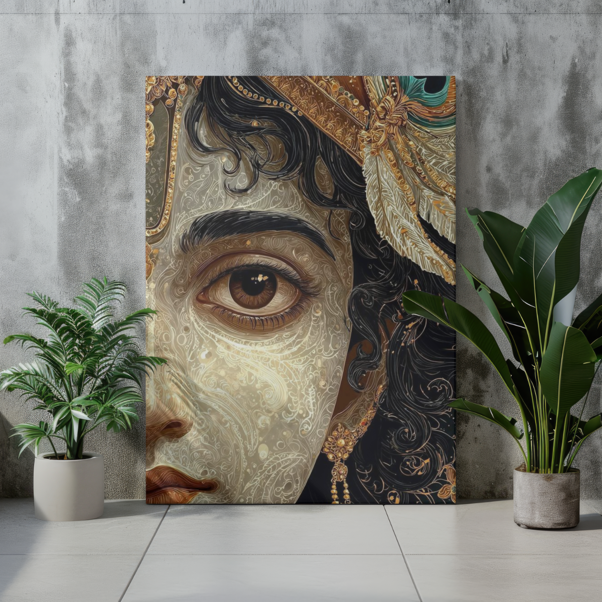 Lord Krishna "Divine Visage" Ornate Portrait – Premium Spiritual Metal Poster