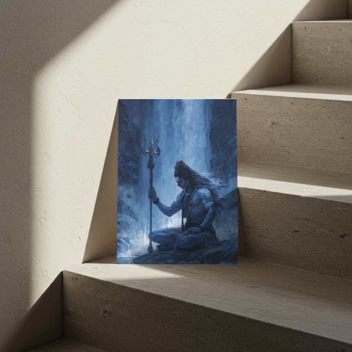 Meditating Lord Shiva by Waterfall Metal Poster – Mystical Mahadev Metal Poster