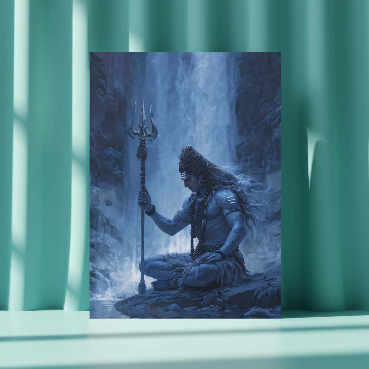 Meditating Lord Shiva by Waterfall Metal Poster – Mystical Mahadev Metal Poster
