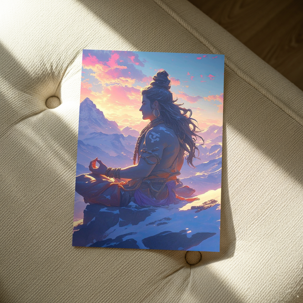 Meditating Lord Shiva Himalayas Sunset Metal Poster – Vibrant Spiritual Wall Art