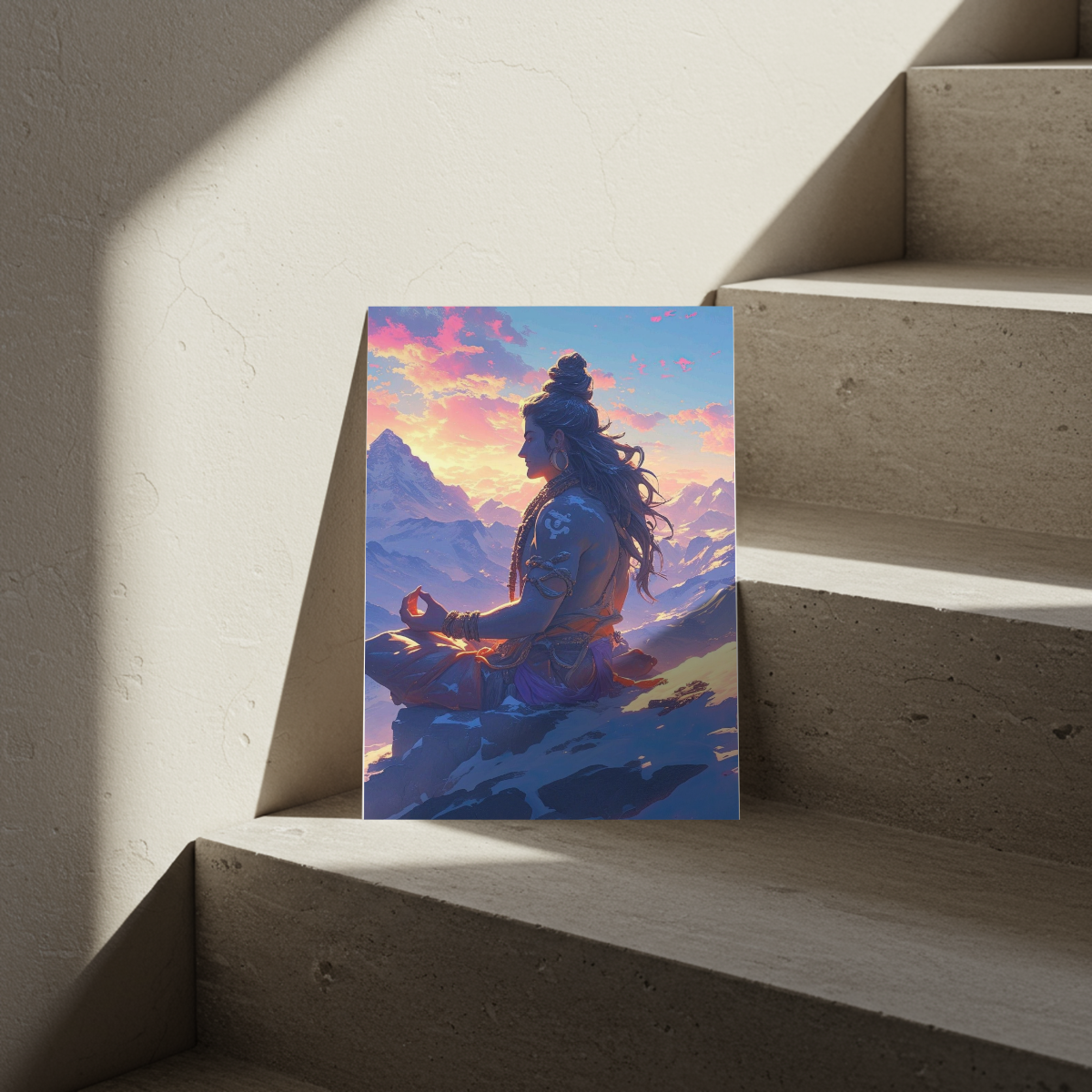 Meditating Lord Shiva Himalayas Sunset Metal Poster – Vibrant Spiritual Wall Art