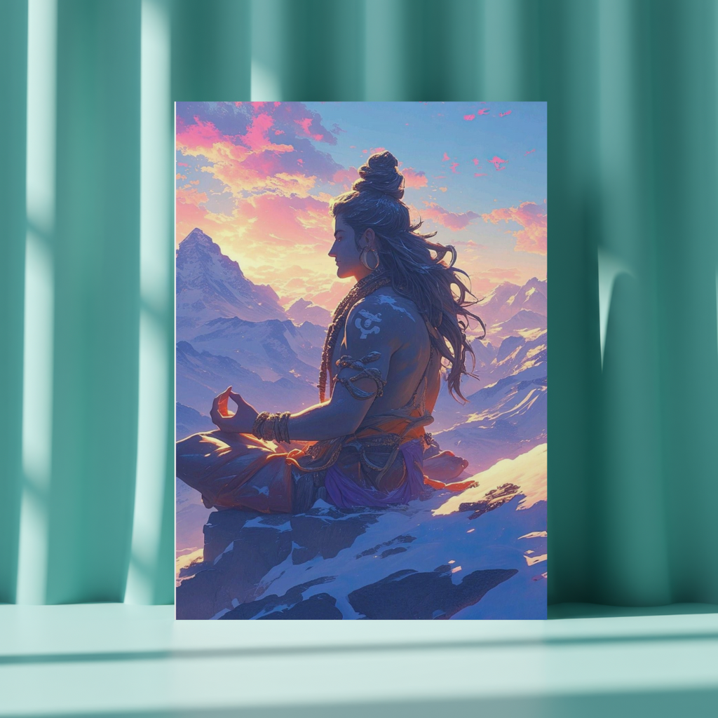Meditating Lord Shiva Himalayas Sunset Metal Poster – Vibrant Spiritual Wall Art