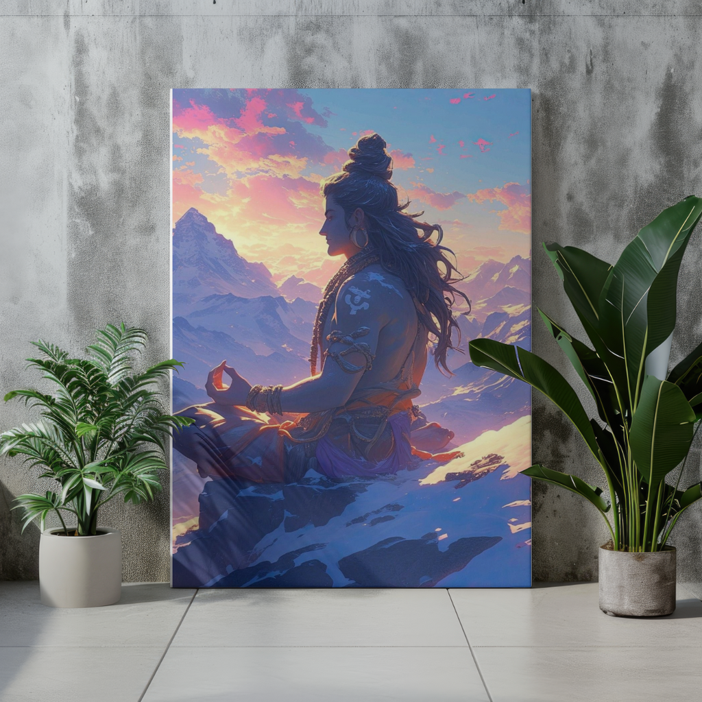 Meditating Lord Shiva Himalayas Sunset Metal Poster – Vibrant Spiritual Wall Art