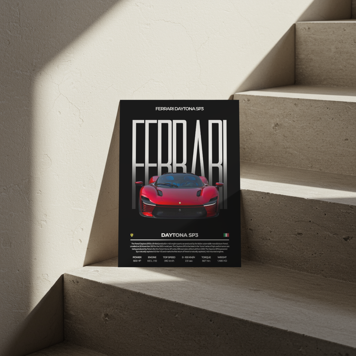 Ferrari Daytona SP3 "Maranello Masterpiece" Spec Sheet – Premium Automotive Metal Poster