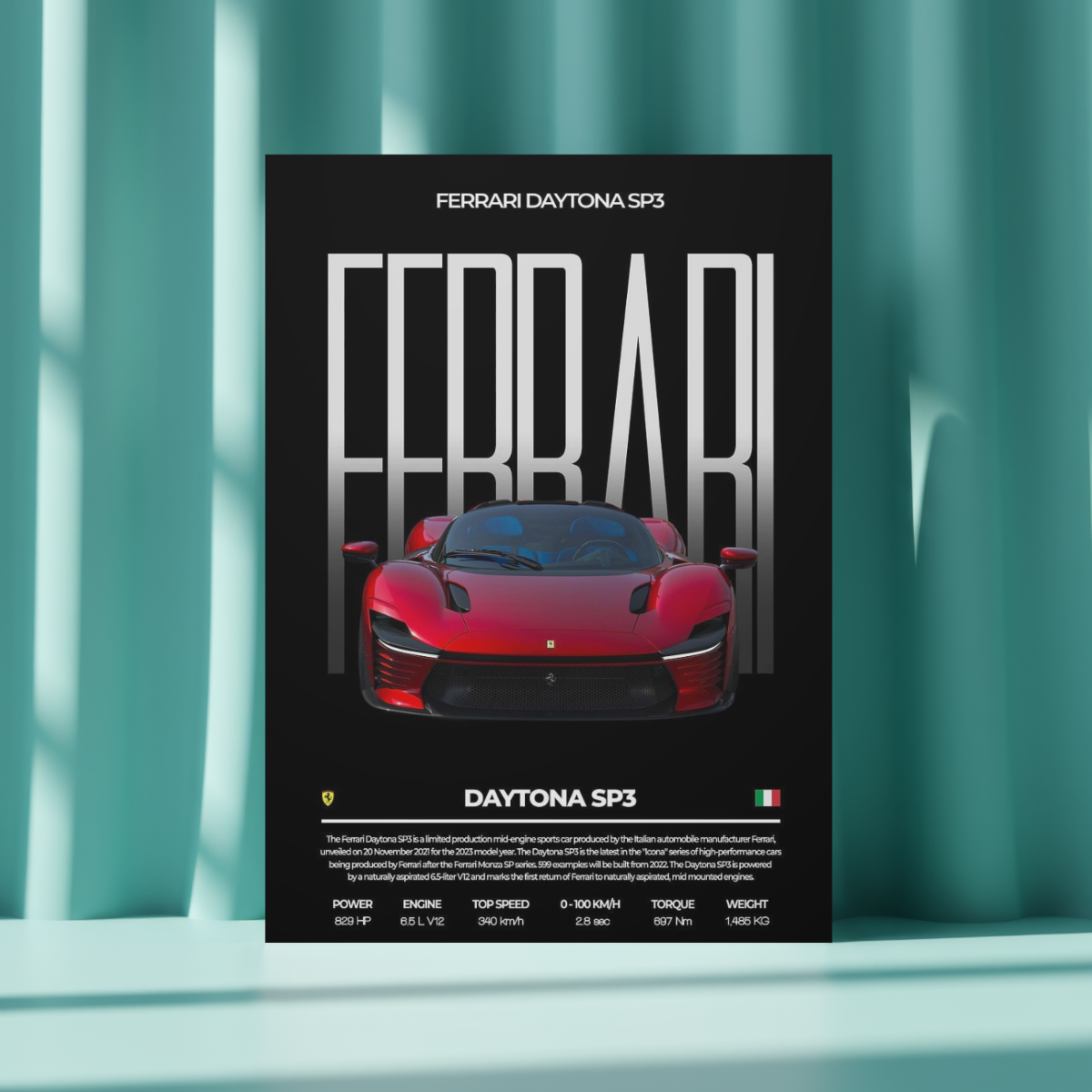 Ferrari Daytona SP3 "Maranello Masterpiece" Spec Sheet – Premium Automotive Metal Poster
