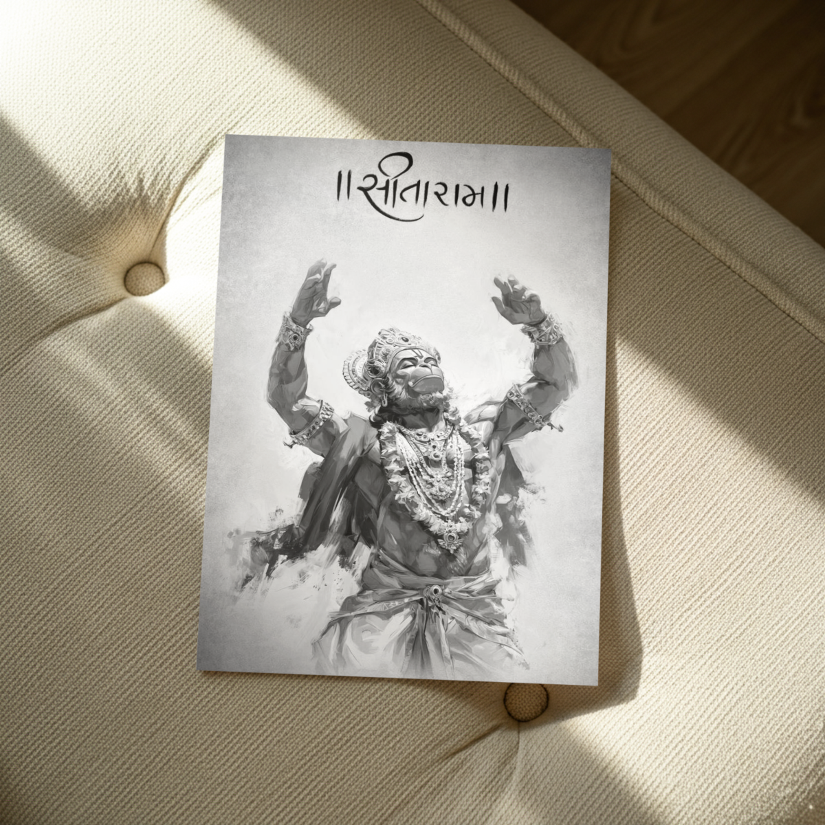 Black & White Lord Hanuman Sitaram Metal Poster – Devotional Wall Art