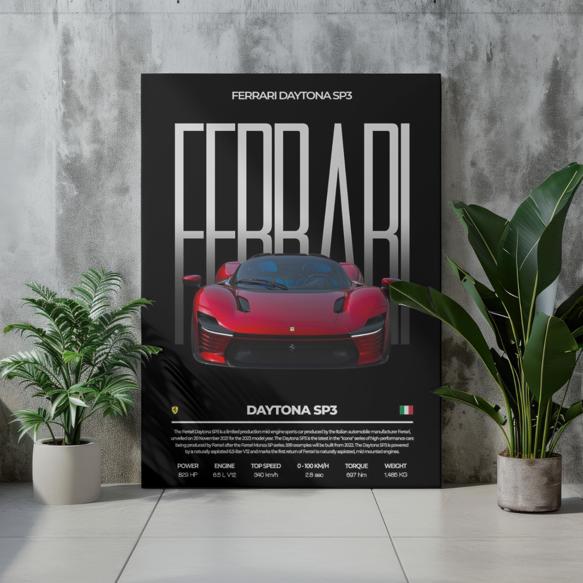 Ferrari Daytona SP3 "Maranello Masterpiece" Spec Sheet – Premium Automotive Metal Poster