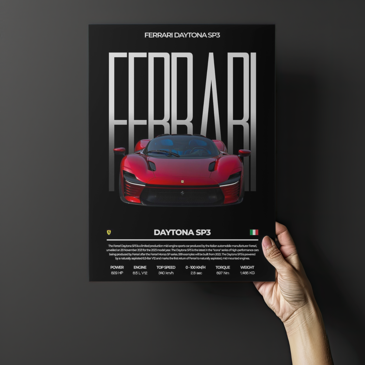 Ferrari Daytona SP3 "Maranello Masterpiece" Spec Sheet – Premium Automotive Metal Poster