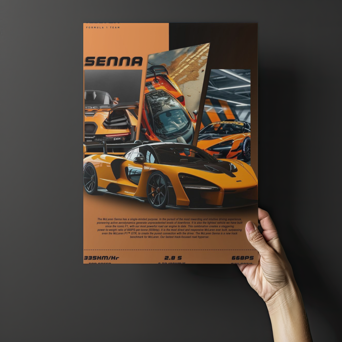McLaren Senna "Papaya Racing" Collage Edition – Premium Automotive Metal Poster