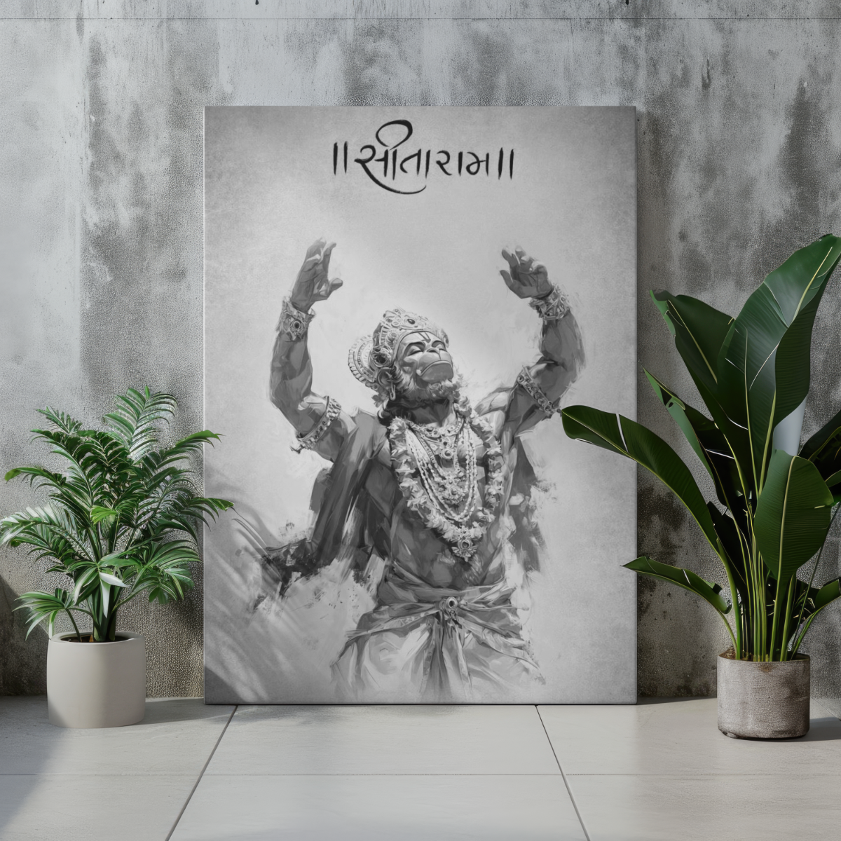 Black & White Lord Hanuman Sitaram Metal Poster – Devotional Wall Art