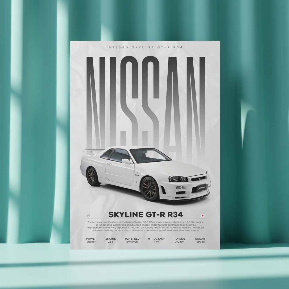 Nissan Skyline GT-R R34 "Godzilla" Spec Sheet – Premium Automotive Metal Poster