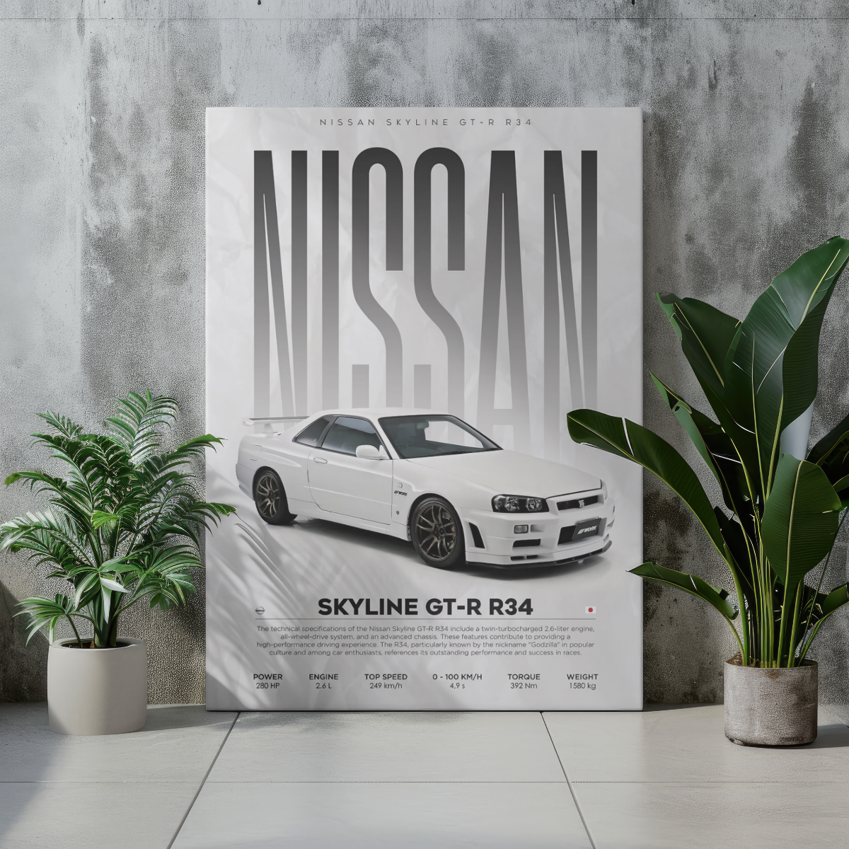 Nissan Skyline GT-R R34 "Godzilla" Spec Sheet – Premium Automotive Metal Poster