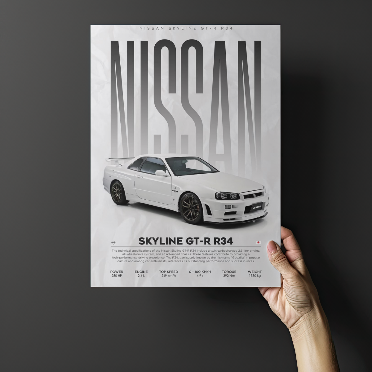 Nissan Skyline GT-R R34 "Godzilla" Spec Sheet – Premium Automotive Metal Poster