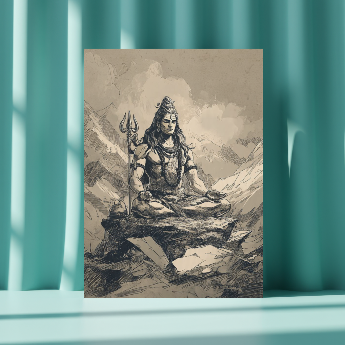 Vintage Sketch Lord Shiva Meditation Metal Poster – Rustic Hindu Wall Art